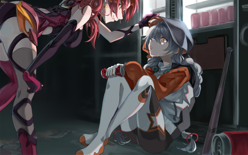 2girls, absurdres, bangs, baseball_bat, blue_eyes, braid, can, closed_mouth