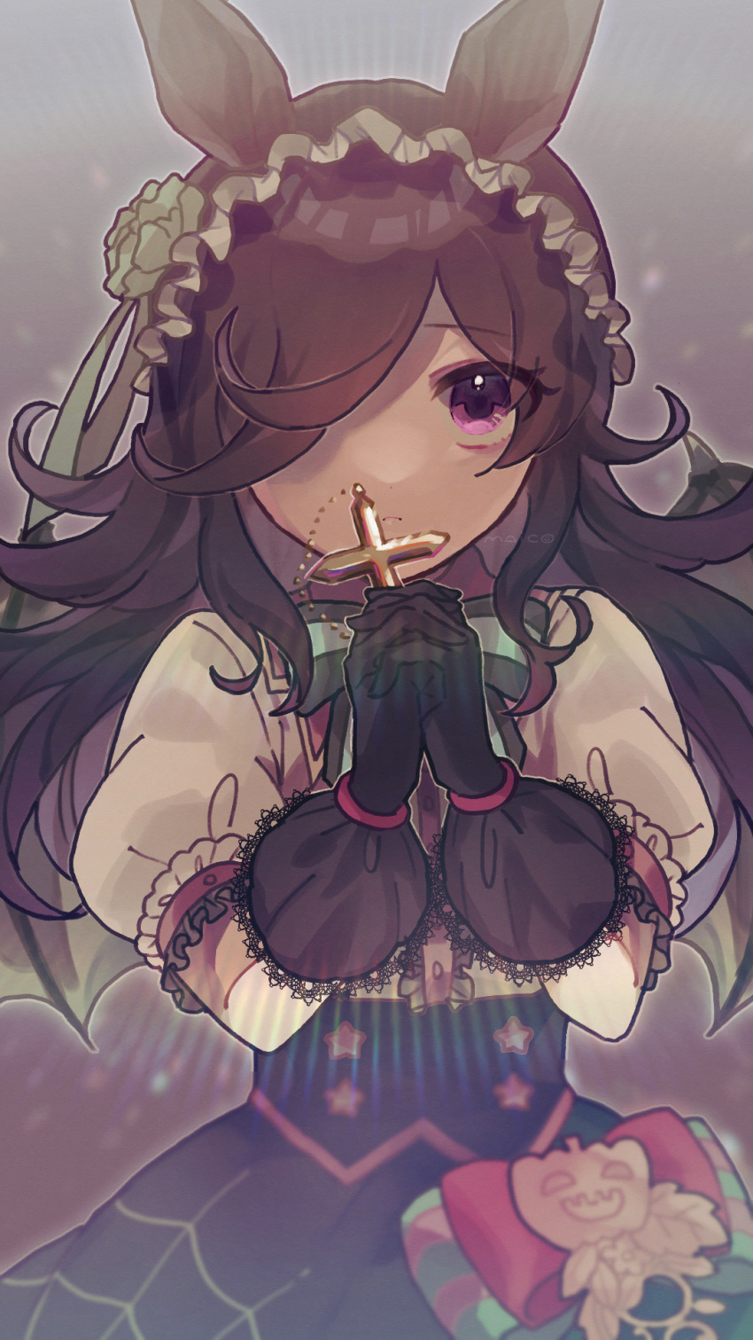 1girl, animal_ears, artist_name, bangs, black_gloves, black_skirt, bow, brown_hair