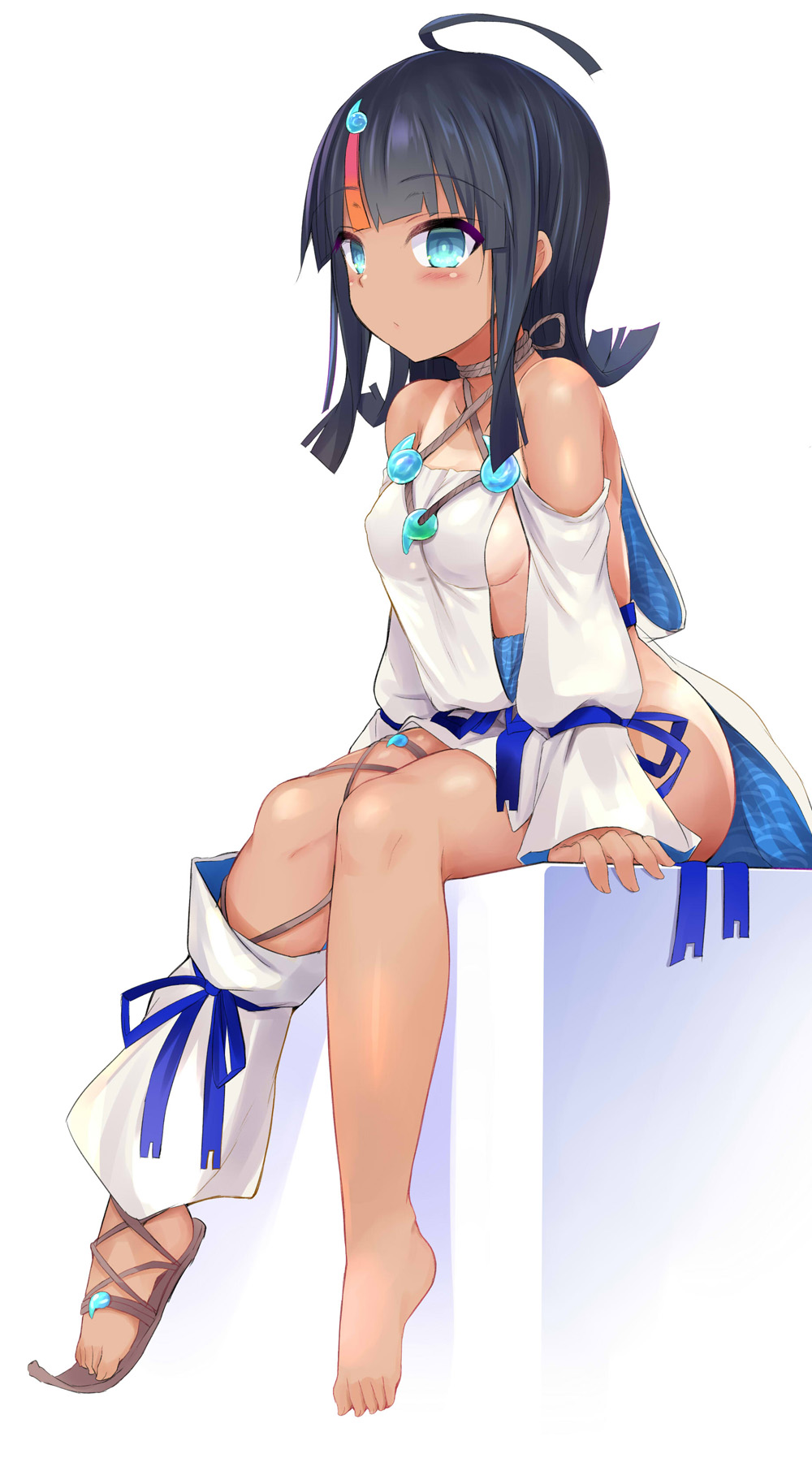 1girl, bangs, bare_shoulders, black_hair, blue_eyes, blue_ribbon, blush, breasts