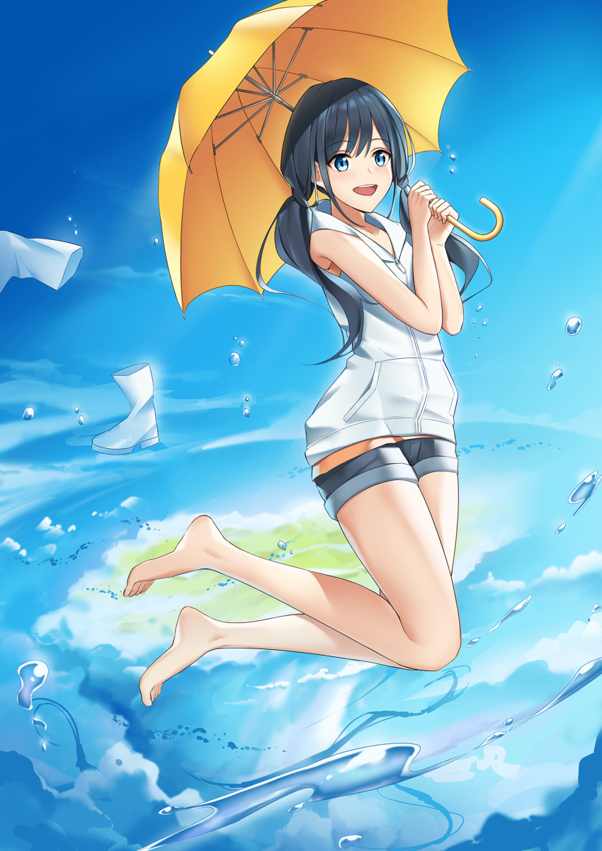 1girl, :d, amano_hina_(tenki_no_ko), arms_up, bare_shoulders, barefoot, blue_eyes, blue_sky