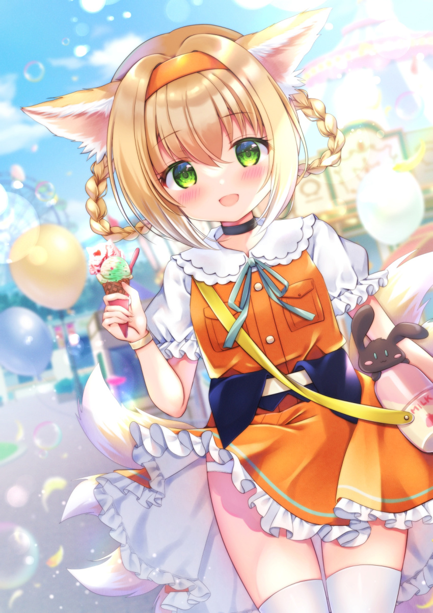 1girl, alternate_costume, amusement_park, animal_ears, arknights, balloon, bangs, blonde_hair