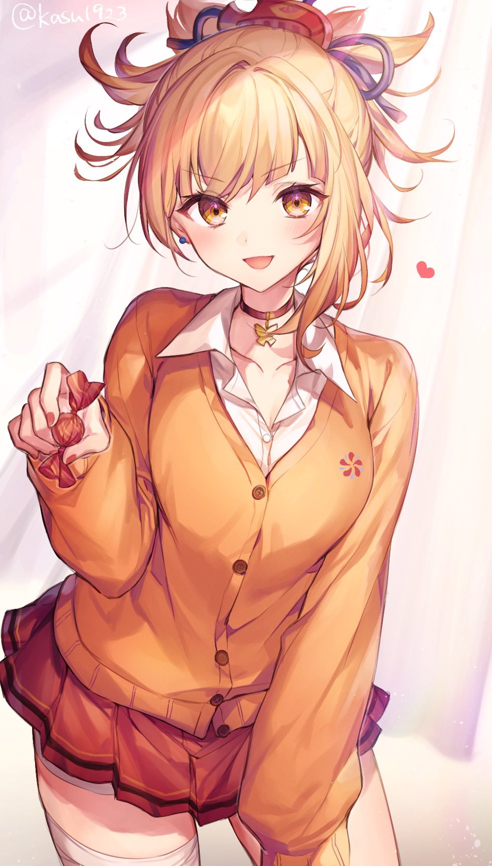1girl, :d, blonde_hair, breasts, buttons, cardigan, choker, collared_shirt, cowboy_shot, genshin_impact, hair_ornament, highres, holding, komeshiro_kasu, long_hair, long_sleeves, looking_at_viewer, medium_breasts, miniskirt, open_mouth, orange_cardigan, orange_eyes, pleated_skirt, ponytail, red_choker, red_skirt, school_uniform, shirt, skirt, smile, solo, thigh-highs, undershirt, v-shaped_eyebrows, white_legwear, white_shirt, yoimiya_(genshin_impact), zettai_ryouiki