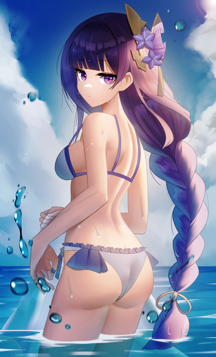 1girl, absurdres, bangs, bikini, braid, breasts, closed_mouth, clouds