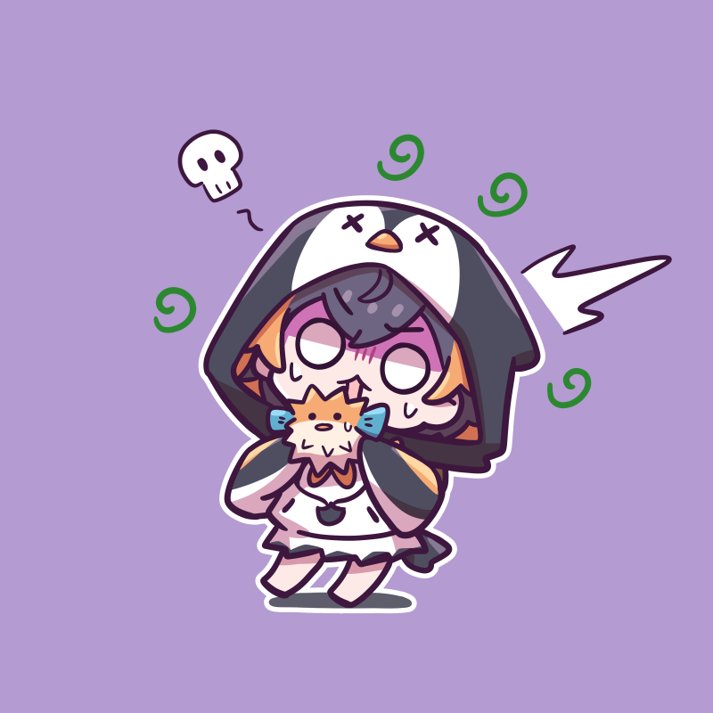 1girl, animal_hood, black_hair, chibi, commentary_request, holding, hood, jewelry