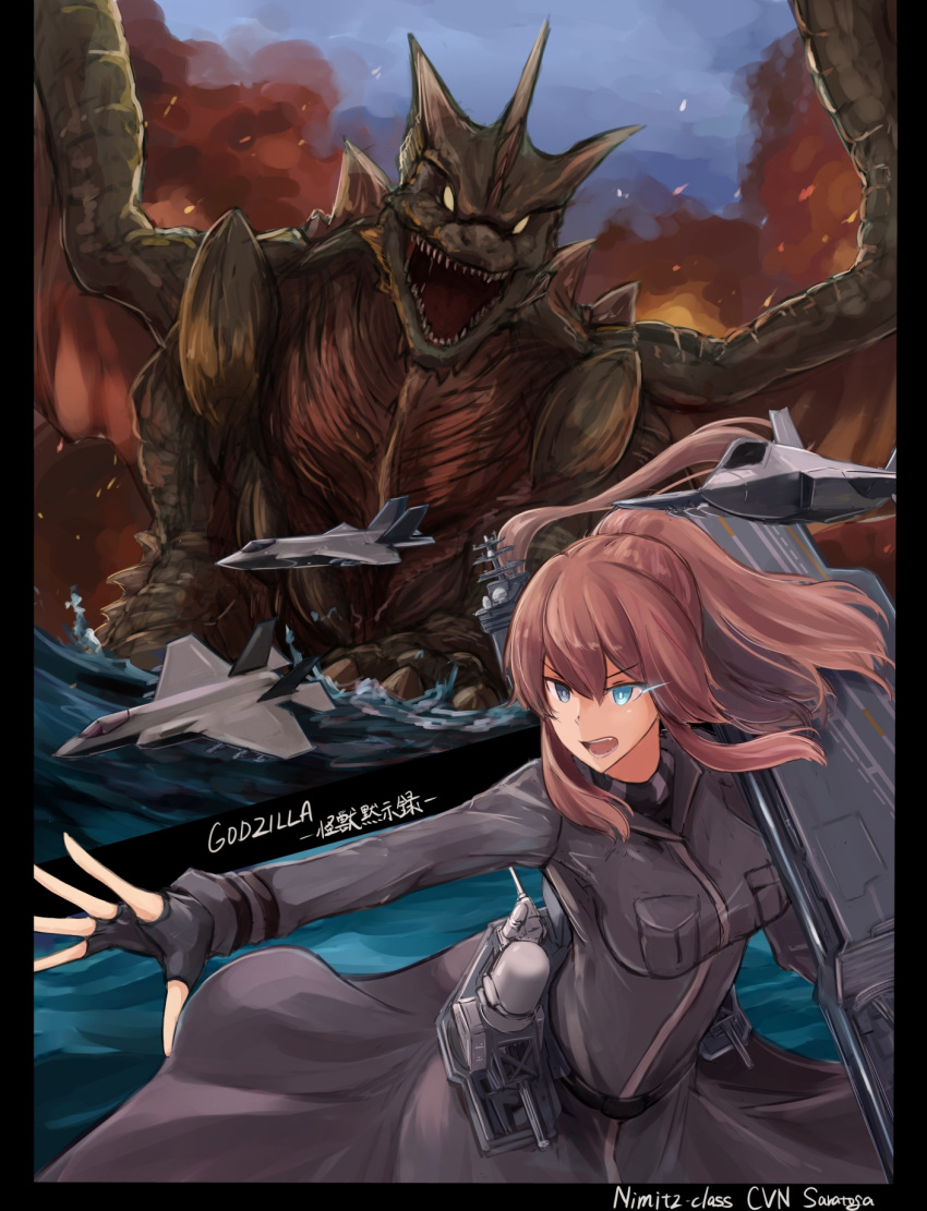 1girl, aircraft, airplane, black_dress, black_gloves, blue_eyes, breast_pocket, breasts, brown_hair, crossover, dagahra, dress, fighter_jet, fingerless_gloves, flight_deck, gatling_gun, gloves, godzilla_(series), gun, hair_between_eyes, highres, jet, kaijuu, kantai_collection, medium_breasts, military, military_vehicle, minigun, mizuchi_(mizuchi7118), pocket, ponytail, rigging, saratoga_(kancolle), side_ponytail, sidelocks, smokestack_hair_ornament, weapon