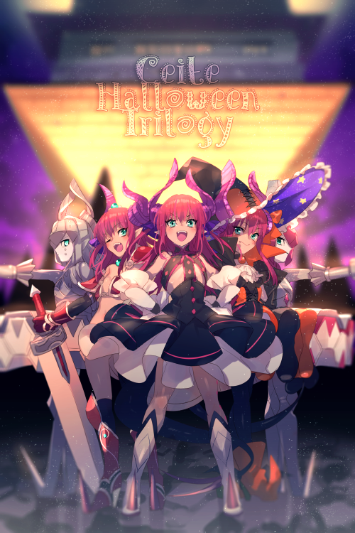 5girls, armor, asymmetrical_horns, bangs, bare_shoulders, bikini_armor, black_dress, blue_eyes, blush, breasts, cape, curled_horns, dragon_girl, dragon_horns, dragon_tail, dress, echo_(circa), elizabeth_bathory_(brave)_(fate), elizabeth_bathory_(fate), elizabeth_bathory_(fate)_(all), elizabeth_bathory_(fate/extra_ccc), elizabeth_bathory_(halloween_caster)_(fate), fate/extra, fate/grand_order, fate_(series), hair_ribbon, halloween_costume, hat, horns, long_hair, looking_at_viewer, mecha_eli-chan_(fate), mecha_eli-chan_mk.ii_(fate), multiple_girls, multiple_persona, open_mouth, pauldrons, pink_hair, pointy_ears, red_armor, ribbon, robot, shoulder_armor, small_breasts, smile, striped, sword, tail, two_side_up, vertical-striped_dress, vertical_stripes, weapon, white_cape, witch_hat