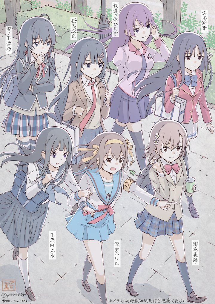 6+girls, advanced_nurturing_high_school_uniform, ahoge, animal_ears, armband, artist_name, bag, bangs