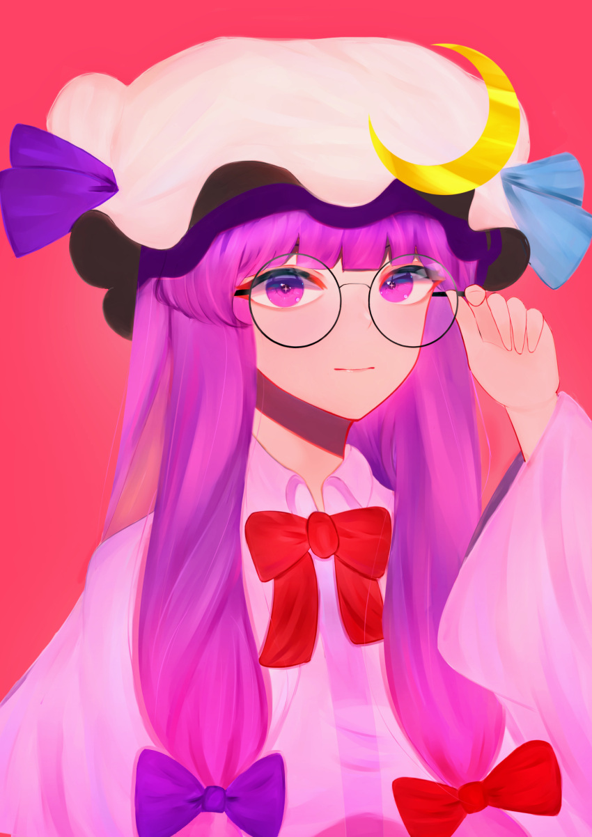 1girl, closed_mouth, crescent, crescent_hat_ornament, glasses, hat, hat_ornament, highres