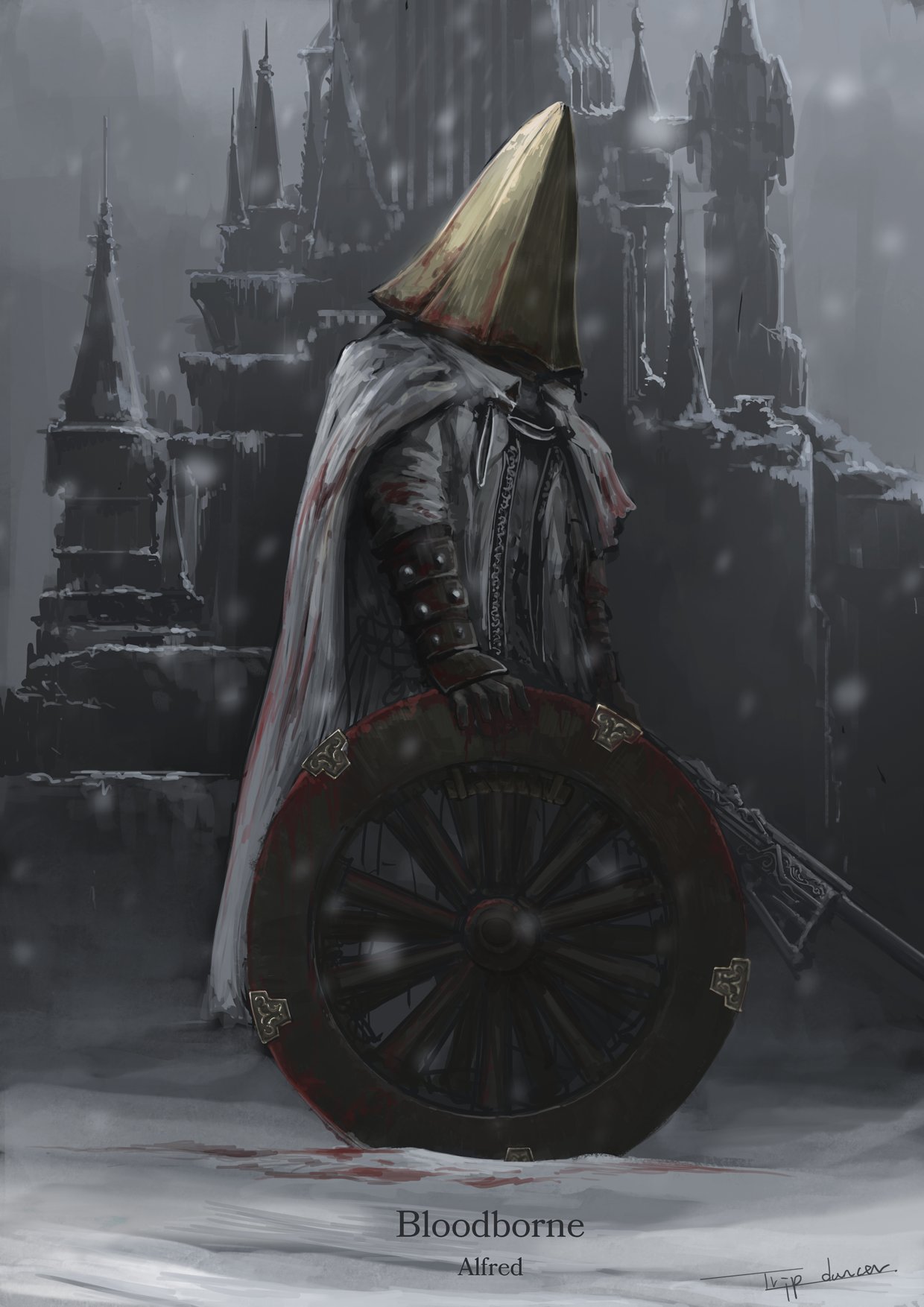 1boy, alfred_(bloodborne), artist_name, blood, blood_on_clothes, bloodborne, cape, castle