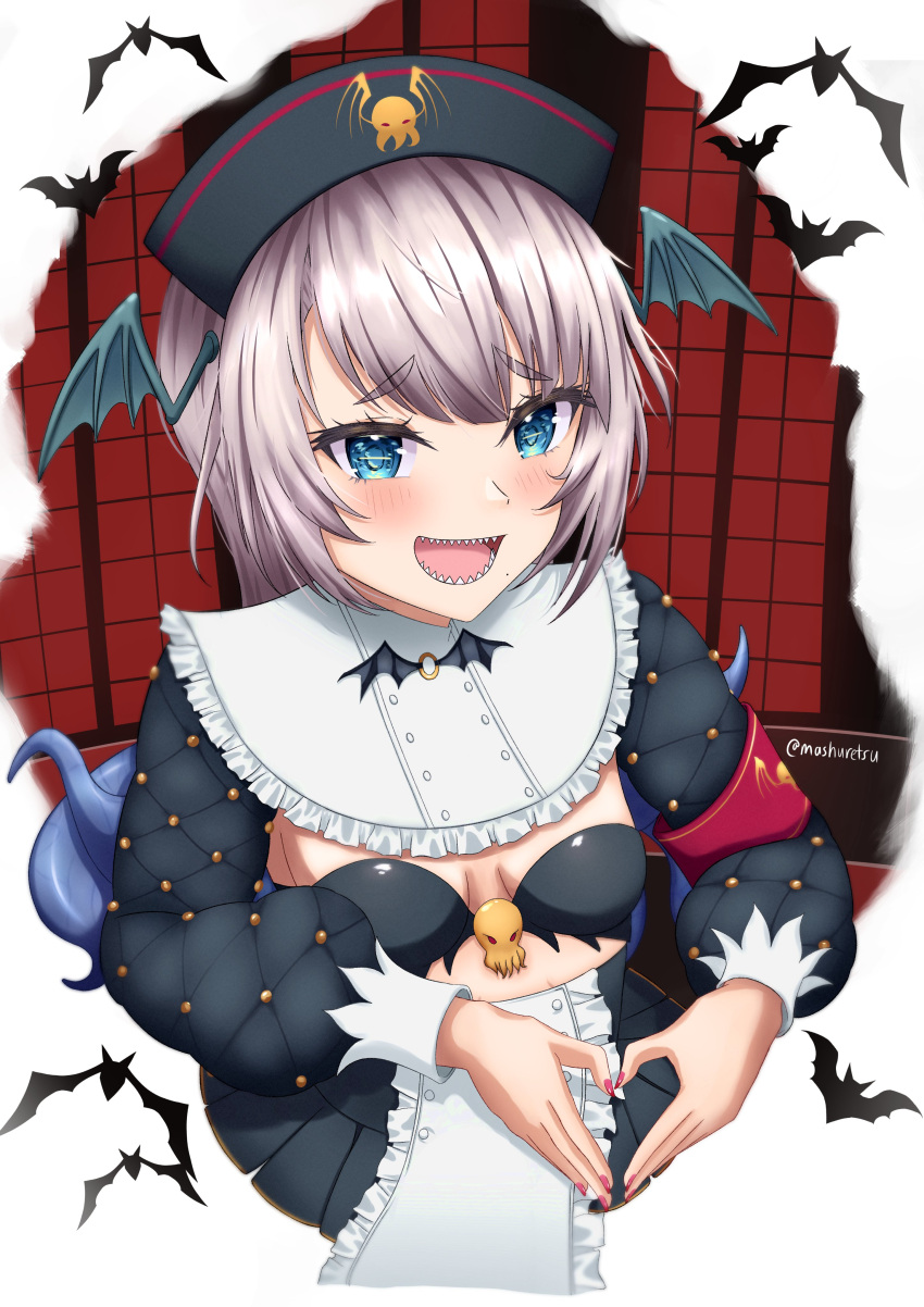 1girl, absurdres, armband, bangs, black_bra, black_headwear, black_skirt, blue_eyes, blush, bra, breast_cutout, breasts, breasts_outside, commentary_request, eyebrows_visible_through_hair, fingernails, hat, head_wings, heart, heart_hands, high-waist_skirt, highres, indie_virtual_youtuber, long_sleeves, looking_at_viewer, mashuretsu, mole, mole_under_mouth, open_mouth, pink_nails, pochimaru_(vtuber), sharp_teeth, shrug_(clothing), skirt, solo, teeth, tentacle_hair, tentacles, twitter_username, underwear, virtual_youtuber