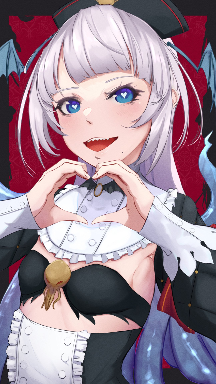 1girl, armband, bangs, black_bra, black_headwear, black_skirt, blue_eyes, blush