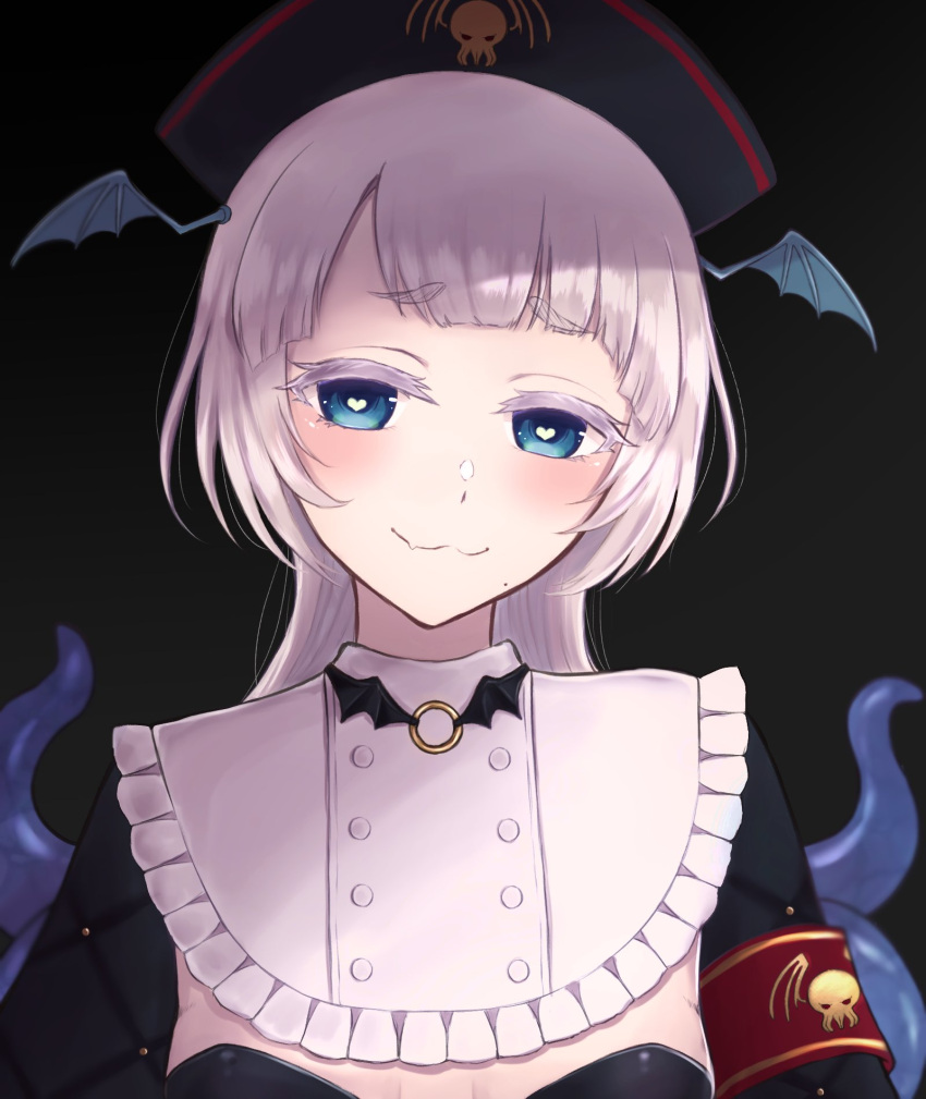 1girl, armband, bangs, black_bra, black_headwear, blue_eyes, blush, bra