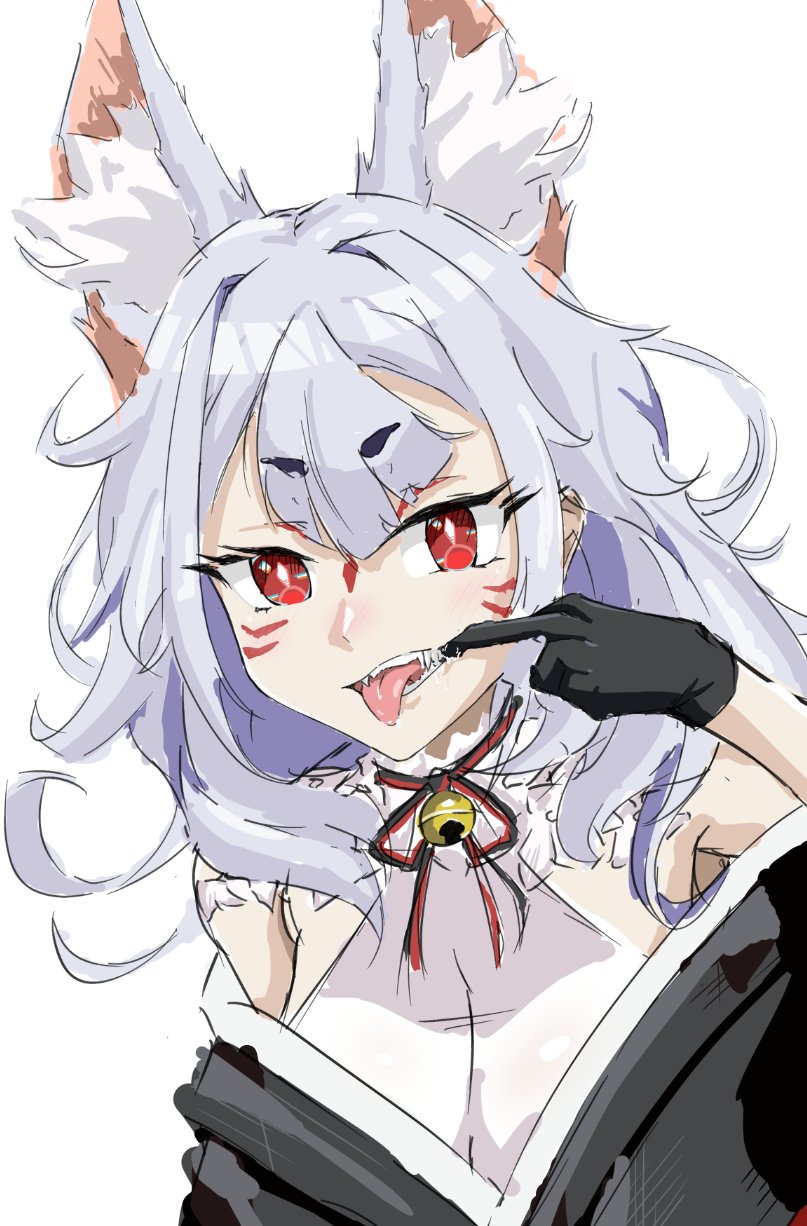 1girl, animal_ear_fluff, animal_ears, bell, black_gloves, black_kimono, english_commentary, eyebrows_visible_through_hair