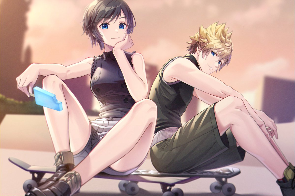 1boy, 1girl, black_hair, blonde_hair, blue_eyes, blurry, blurry_background, food
