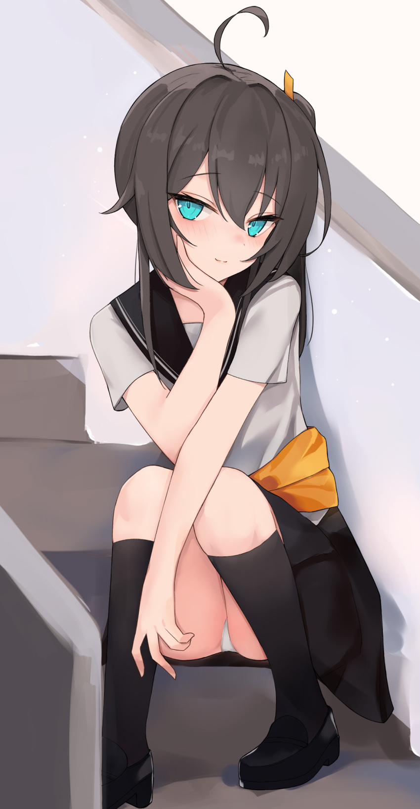 1girl, ahoge, bangs, black_footwear, black_legwear, black_skirt, blouse, blue_eyes
