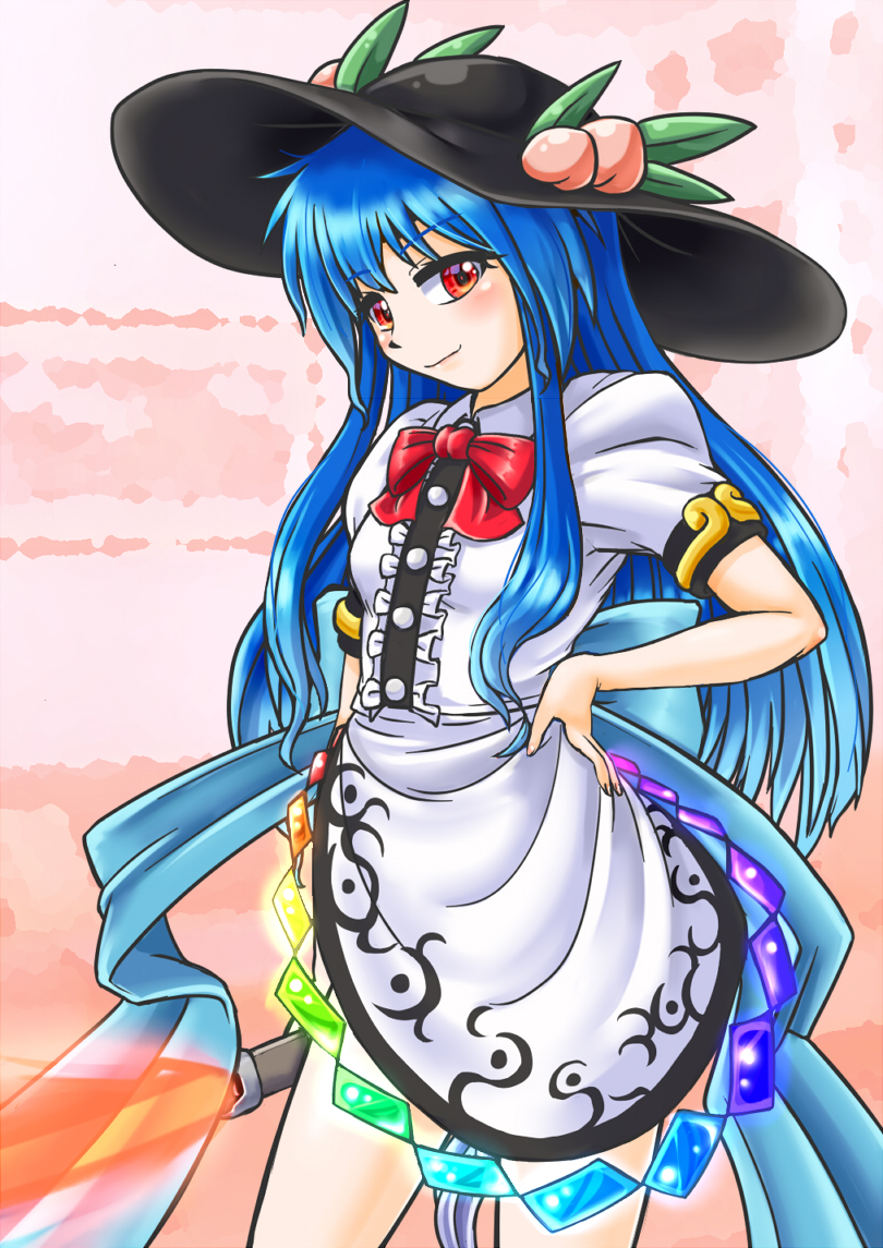 1girl, black_headwear, blue_hair, commentary_request, covered_navel, cowboy_shot, food, fruit