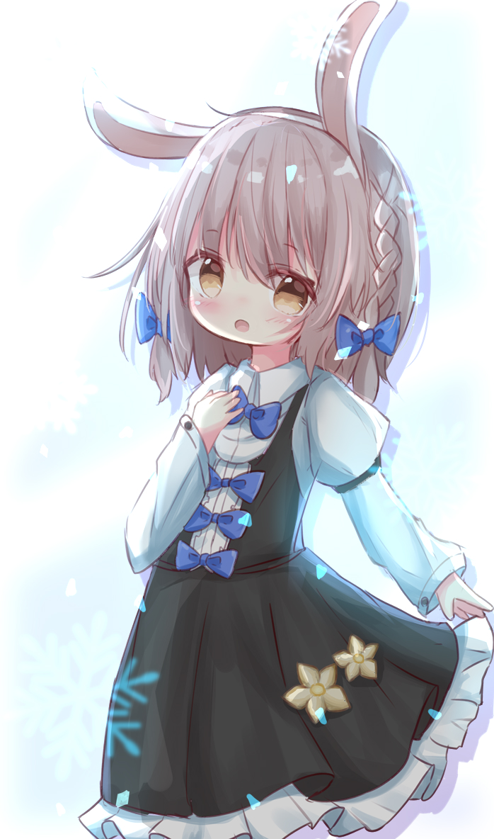 1girl, :o, animal_ears, bangs, black_dress, blue_bow, blush, borrowed_character