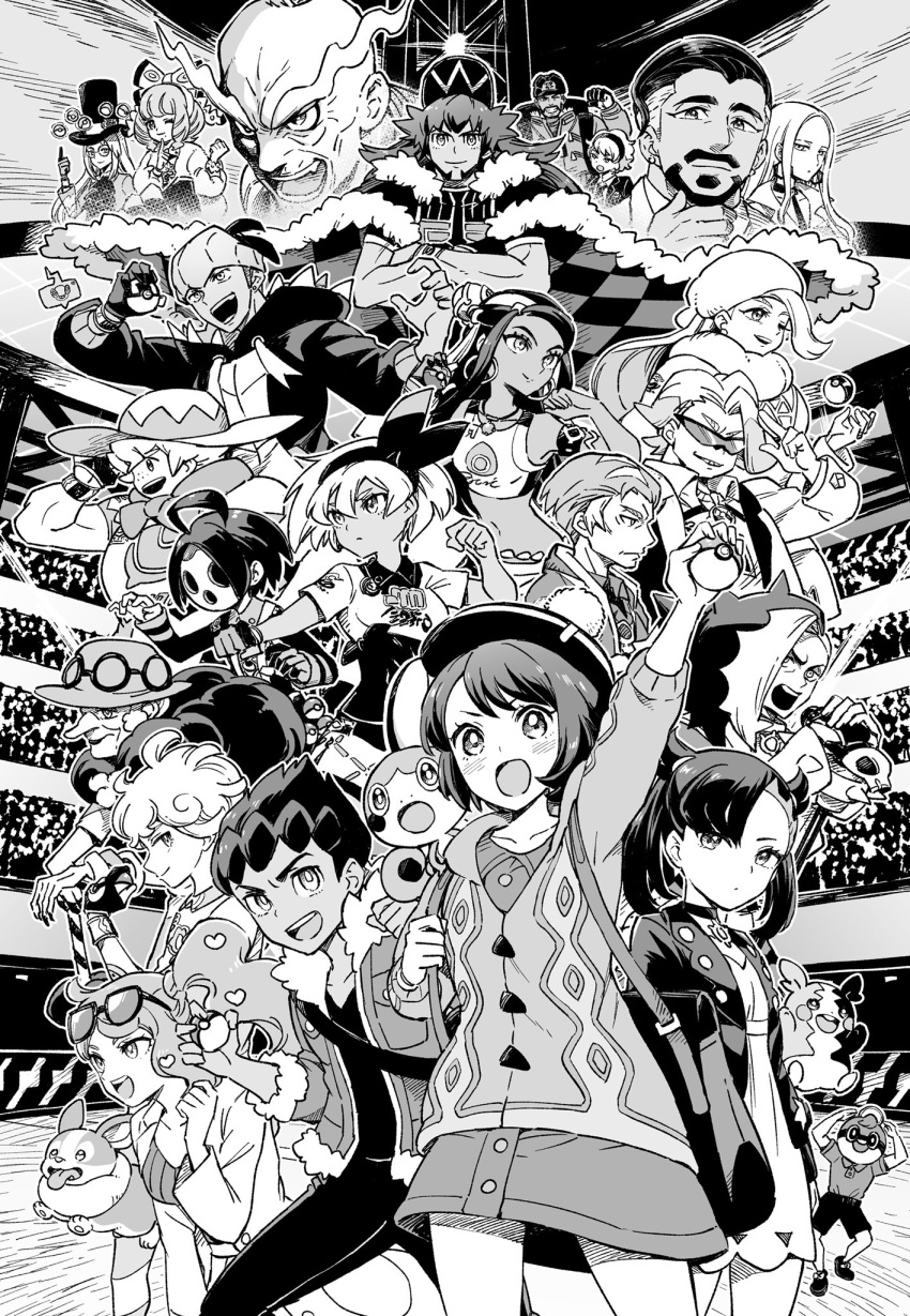 6+boys, 6+girls, ahoge, allister_(pokemon), argyle, arm_up, avery_(pokemon), backpack, bag, ball_guy, bangs, baseball_cap, bea_(pokemon), bede_(pokemon), blush, buttons, cable_knit, cane, cape, cardigan, champion_uniform, choker, clenched_hands, closed_mouth, collared_dress, collared_shirt, commentary_request, crossed_arms, curly_hair, dress, dynamax_band, earrings, expedition_uniform, eyelashes, eyewear_on_head, facial_hair, floating, floating_object, fur-trimmed_cape, fur-trimmed_jacket, fur_trim, gloria_(pokemon), gloves, gordie_(pokemon), greyscale, hair_ornament, hand_up, hat, heart, heart_hair_ornament, helmet, highres, holding, holding_cane, holding_poke_ball, holding_strap, holster, hood, hood_down, hoodie, hop_(pokemon), index_finger_raised, jacket, jewelry, kabu_(pokemon), klara_(pokemon), leon_(pokemon), long_eyebrows, long_hair, long_sleeves, looking_at_viewer, marnie_(pokemon), mask, melony_(pokemon), milo_(pokemon), monochrome, morpeko, morpeko_(full), multiple_boys, multiple_girls, mustard_(pokemon), navel, nessa_(pokemon), oleana_(pokemon), one_eye_closed, opal_(pokemon), open_clothes, open_jacket, open_mouth, pants, partially_fingerless_gloves, peonia_(pokemon), peony_(pokemon), poke_ball, poke_ball_(basic), pokemon, pokemon_(game), pokemon_swsh, raihan_(pokemon), ribbed_shirt, rose_(pokemon), rotom, rotom_phone, scarf, sharumon, shirt, short_hair, short_sleeves, side_ponytail, sidelocks, single_glove, sonia_(pokemon), stadium, sunglasses, teeth, telekinesis, tied_hair, tongue, top_hat, towel, towel_around_neck, upper_teeth, yamper