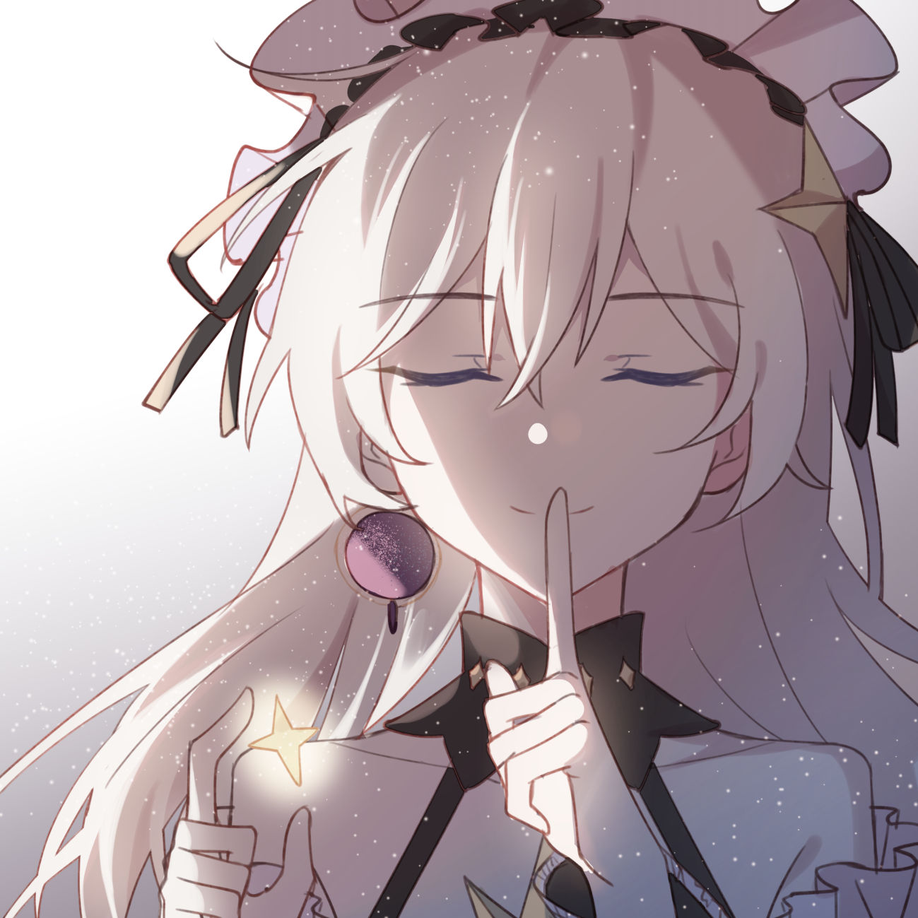 1girl, bangs, bare_shoulders, closed_eyes, closed_mouth, earrings, hair_between_eyes, headband