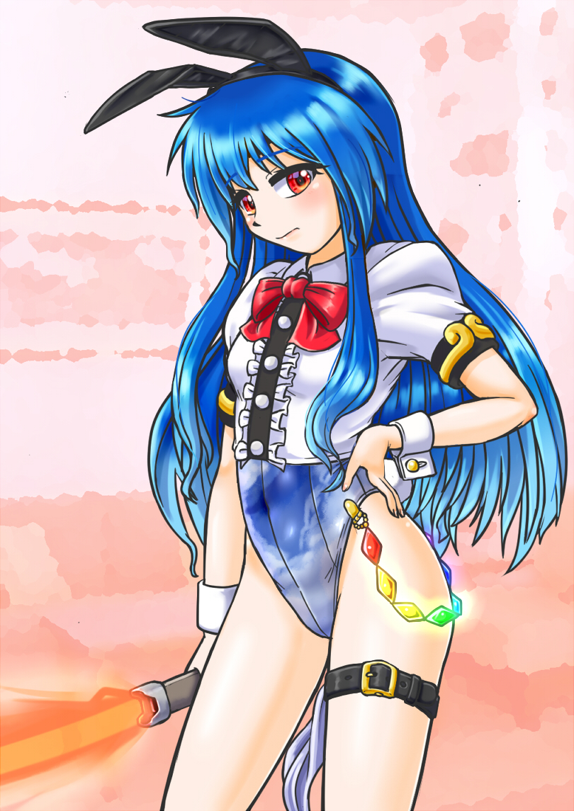 1girl, animal_ears, bare_legs, black_legwear, black_leotard, blue_hair, blue_leotard, bow