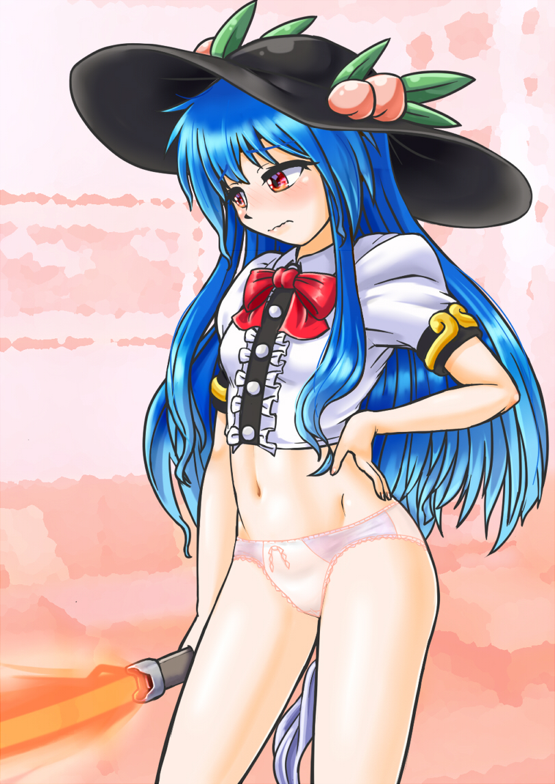1girl, black_headwear, blue_hair, covered_navel, cowboy_shot, food, fruit, hand_on_hip, hat, hinanawi_tenshi, holding, holding_weapon, keystone, long_hair, looking_away, mail_(mail_gell), no_pants, panties, peach, puffy_short_sleeves, puffy_sleeves, rainbow_order, red_eyes, shirt, shoes, short_sleeves, skirt, solo, standing, sword, sword_of_hisou, touhou, underwear, weapon, white_panties, white_shirt