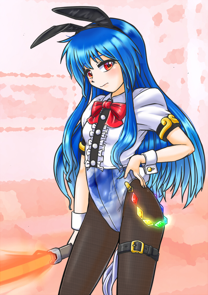 1girl, animal_ears, black_legwear, blue_hair, blue_leotard, bow, breasts, chain