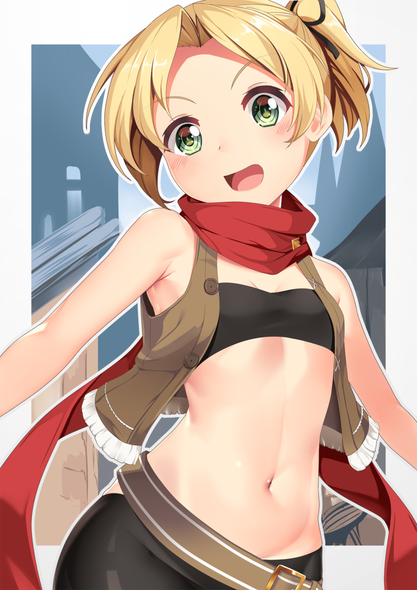 1girl, :d, armpit_crease, bangs, bare_shoulders, belt, black_pants, black_ribbon