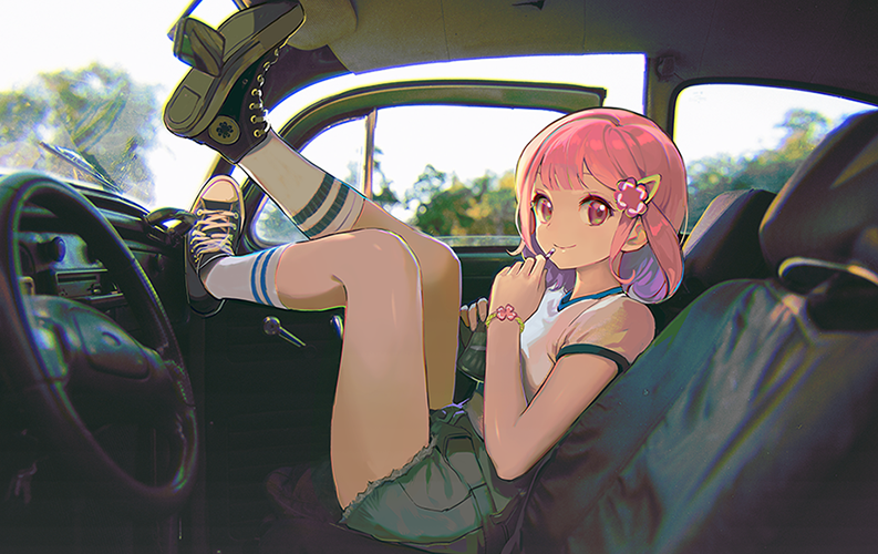 1girl, car_interior, car_seat, hair_ornament, hairclip, medium_hair, multicolored_hair, original