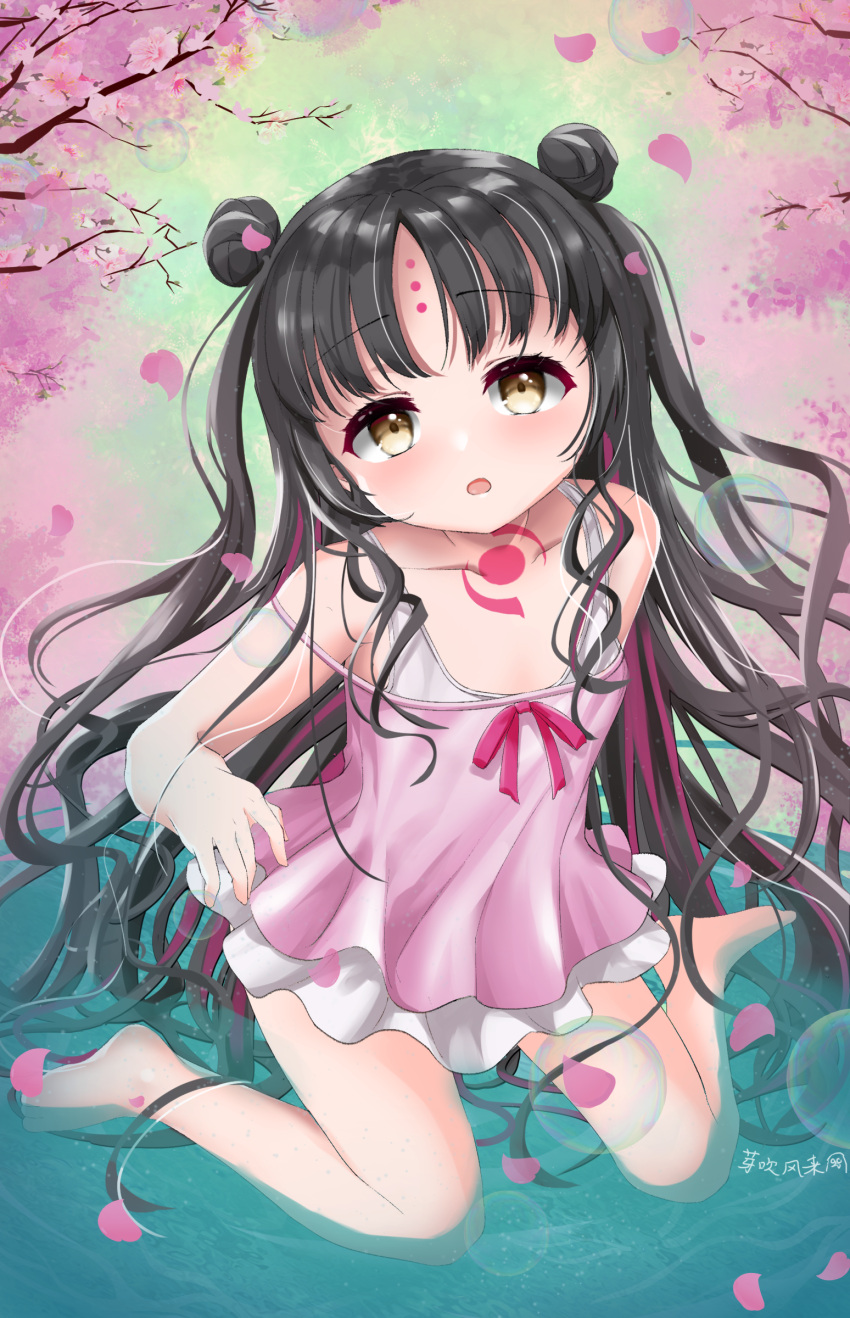 1girl, absurdres, barefoot, black_hair, brown_eyes, camisole, cherry_blossoms, double_bun, facial_mark, fate/grand_order, fate_(series), forehead_mark, hair_bun, highres, kneeling, long_hair, looking_at_viewer, one-piece_swimsuit, open_mouth, outdoors, petals, pink_camisole, pixiv12660671, sesshouin_kiara, sesshouin_kiara_(lily), solo, swimsuit, thighs, tree, very_long_hair, water, white_swimsuit
