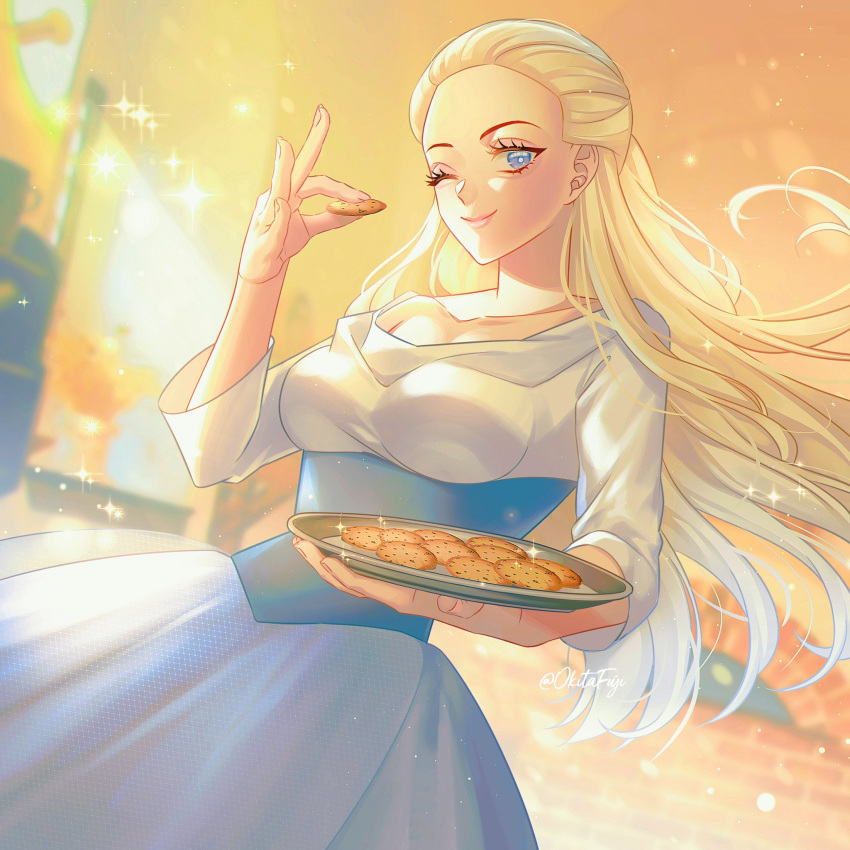 1girl, bakery, barbie_(character), barbie_(franchise), barbie_movies, barbie_of_swan_lake, blonde_hair, blue_dress, blue_eyes, breasts, brick, chocolate_chip_cookie, cookie, corset, dress, food, highres, holding, holding_cookie, holding_food, large_breasts, long_sleeves, medieval, odette_(barbie), okitafuji, one_eye_closed, peasant, pink_lips, plate, shop, solo, swan_lake