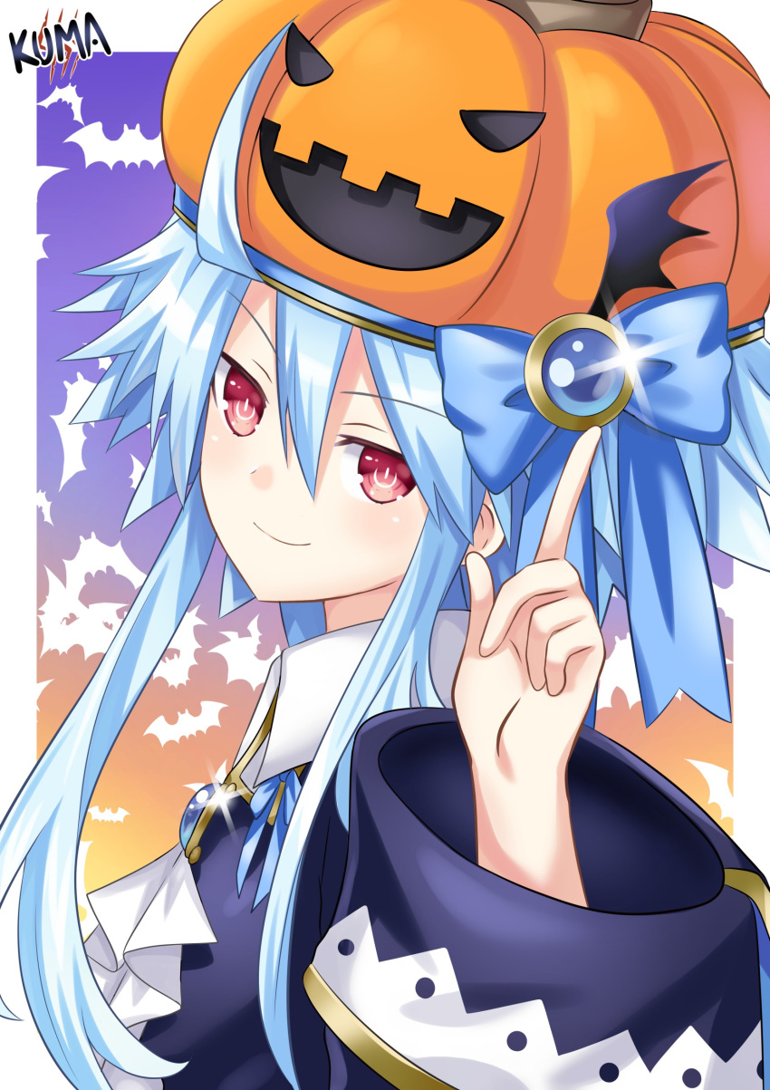 1girl, absurdres, bat_background, blanc_(neptune_series), blue_hair, finger_gun, from_side, hair_between_eyes