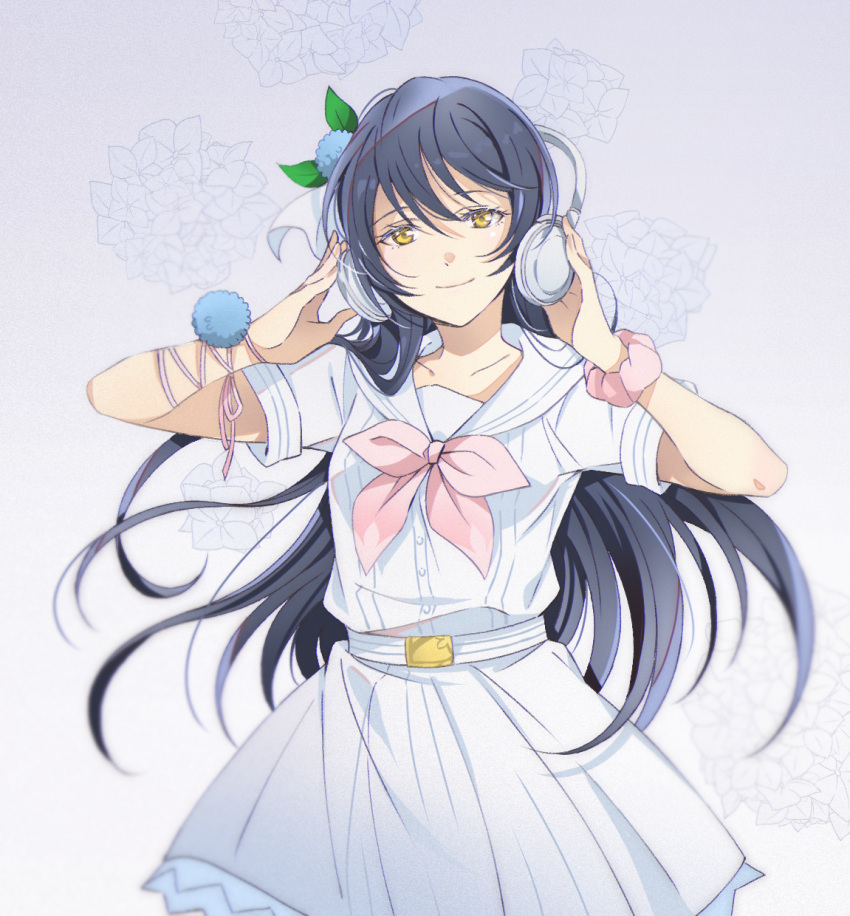 1girl, a_song_for_you!_you?_you!, bangs, blue_hair, blush, cowboy_shot, dress, flower