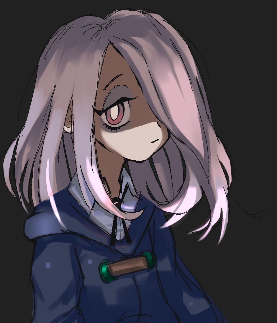 1girl, black_background, bright_pupils, collared_shirt, grace_hosanna_marquez_carranco, hair_over_one_eye, hood, hood_down