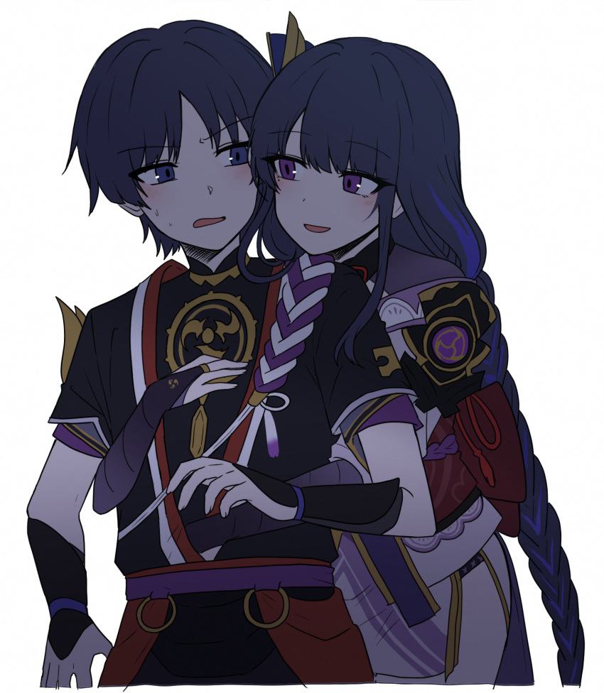 1boy, 1girl, bangs, blue_eyes, blue_hair, blunt_bangs, blush, braid
