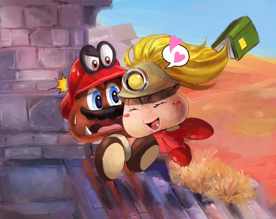blonde_hair, blush, book, cappy_(mario), facial_hair, goomba, goombella, mario