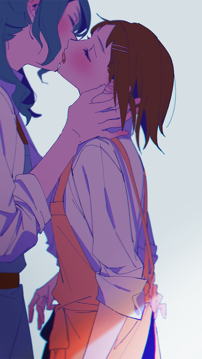2girls, aqua_hair, bandolllll, bang_dream!, blush, brown_hair, closed_eyes, commentary_request