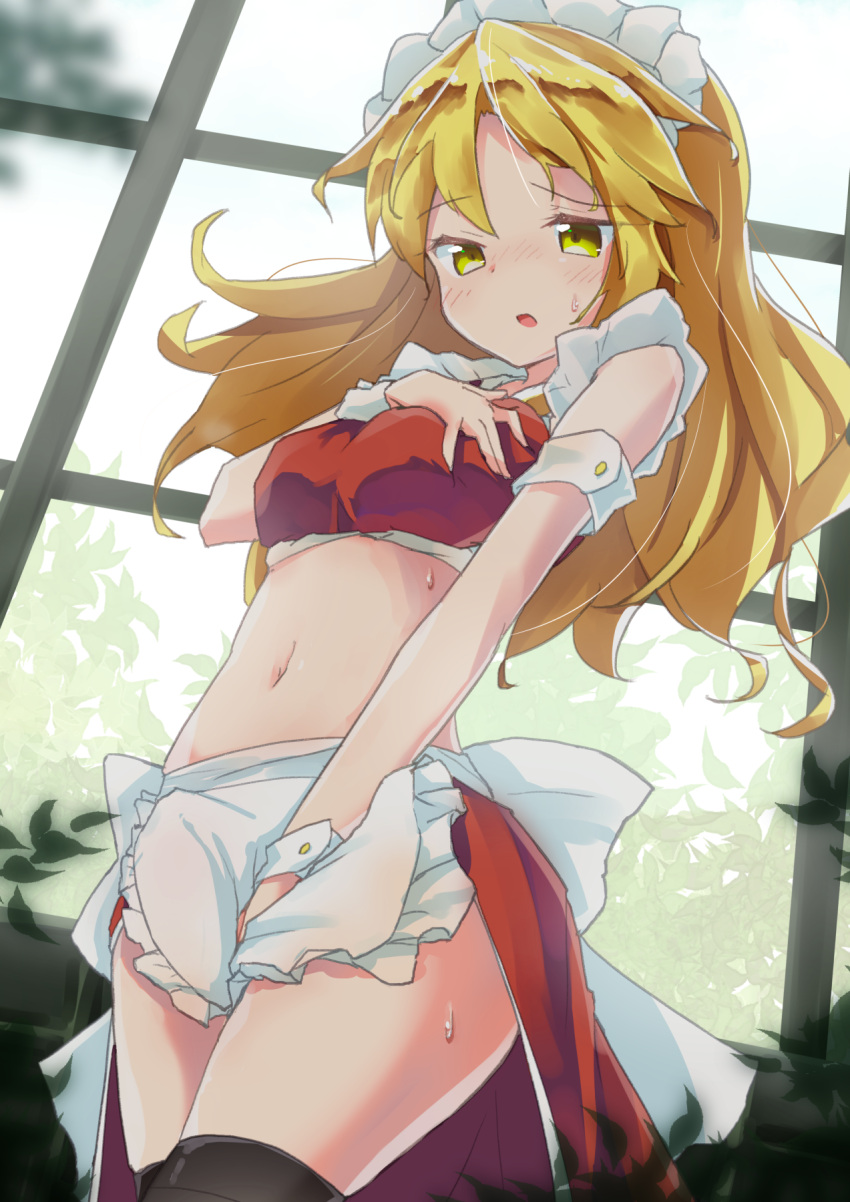 1girl, adapted_costume, apron, black_legwear, blonde_hair, blush, breasts, highres, long_hair, maid, maid_apron, maid_headdress, medium_breasts, navel, open_mouth, ryogo, sleeveless, solo, thigh-highs, touhou, touhou_(pc-98), waist_apron, white_apron, window, wrist_cuffs, yellow_eyes, yumeko_(touhou)