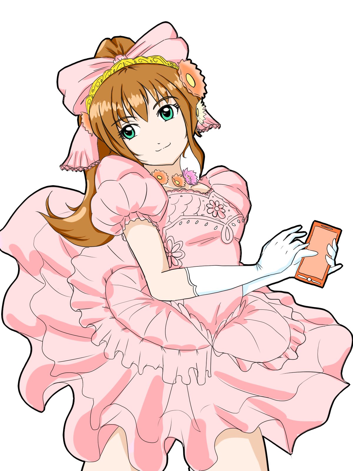 1girl, breasts, brown_hair, cellphone, closed_mouth, dress, floral_print, flower