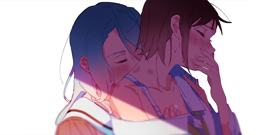 2girls, bandolllll, bang_dream!, bite_mark, blue_hair, blush, brown_hair, closed_eyes