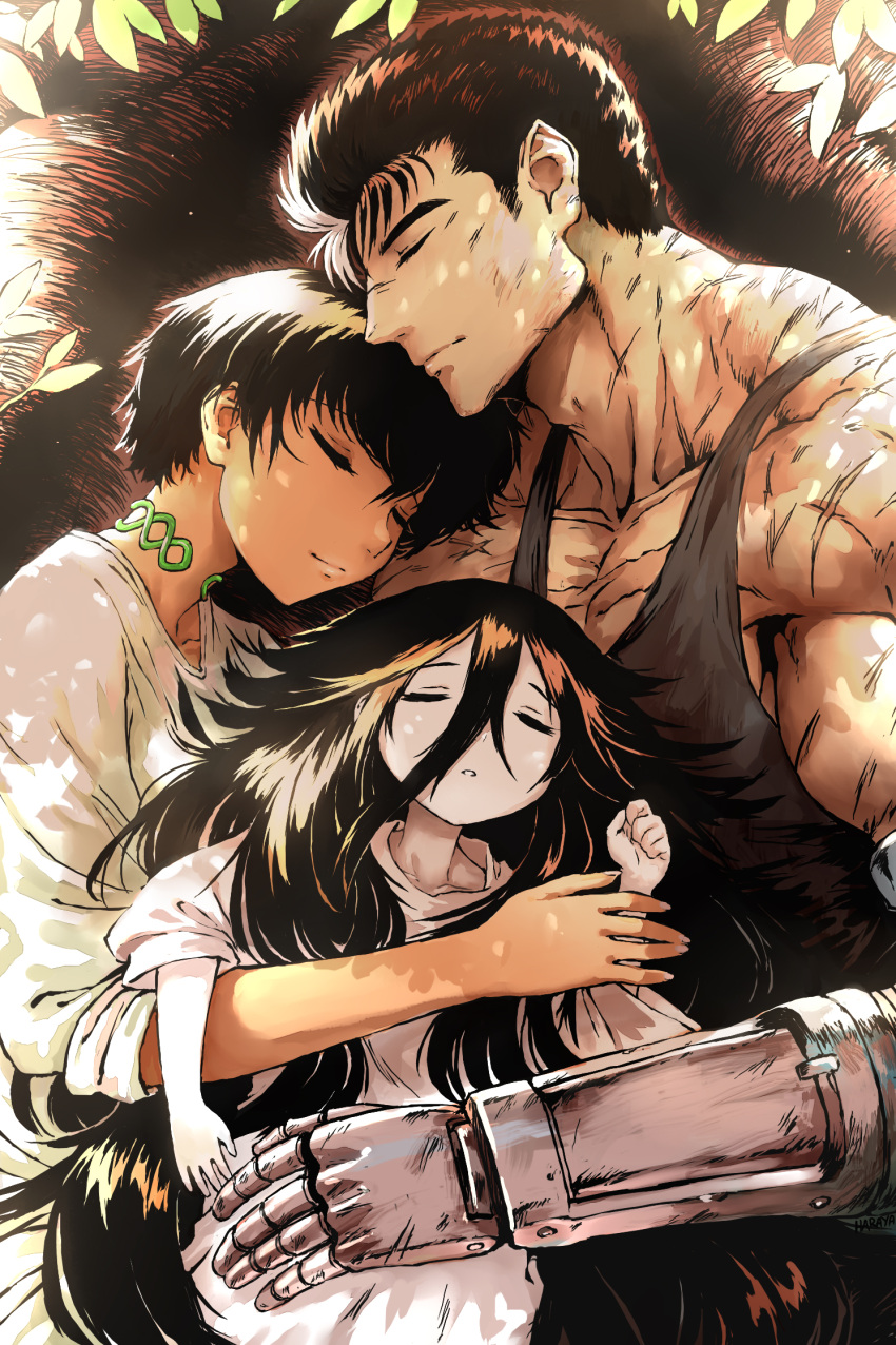 1girl, 2boys, against_tree, berserk, black_hair, casca_(berserk), collarbone, dress, grey_tank_top, guts_(berserk), hair_between_eyes, haraya_manawari, highres, mechanical_arms, moonlight_boy_(berserk), multiple_boys, muscular, muscular_male, prosthesis, prosthetic_arm, scar, scar_on_chest, shirt, short_hair, single_mechanical_arm, sleeping, smile, tank_top, tree, white_dress, white_shirt