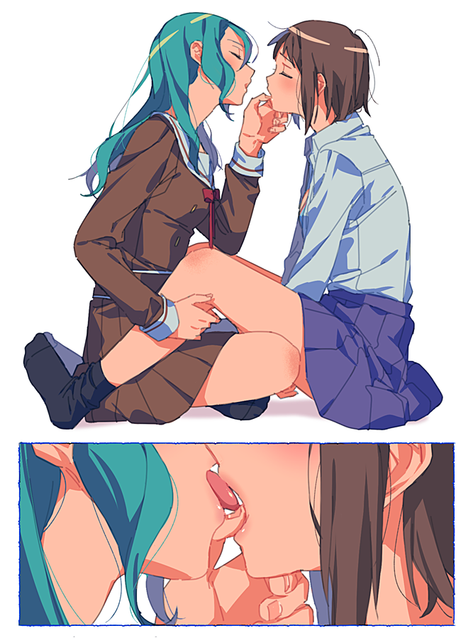 2girls, aqua_hair, bandolllll, bang_dream!, black_legwear, blush, brown_hair, closed_eyes