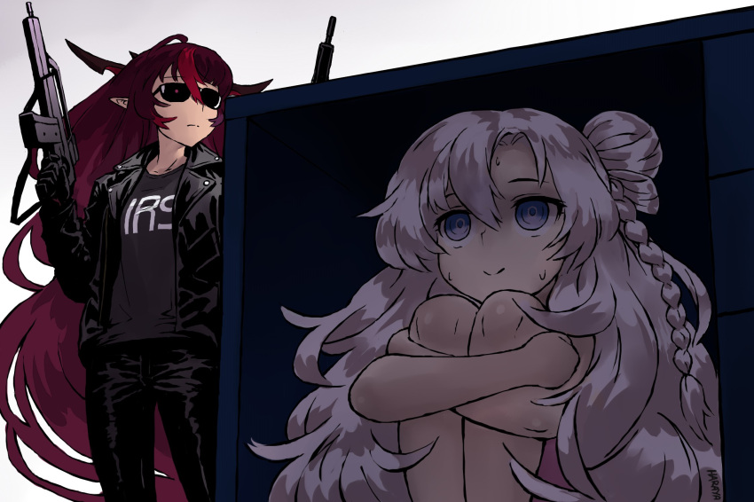 2girls, assault_rifle, black_jacket, black_pants, blue_eyes, braid, cosplay, dual_wielding