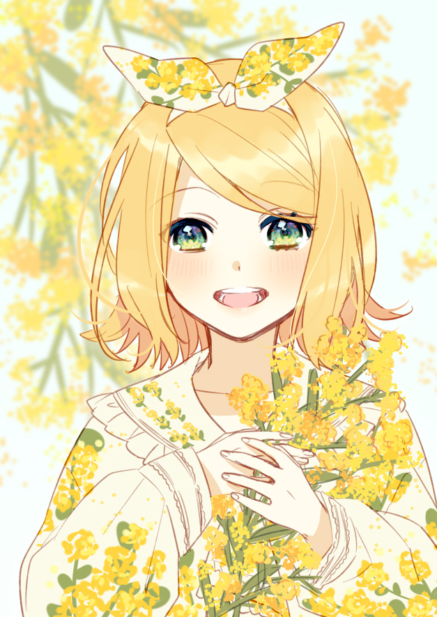 bangs, blonde_hair, blurry, blurry_background, blush, bow, collar, collarbone