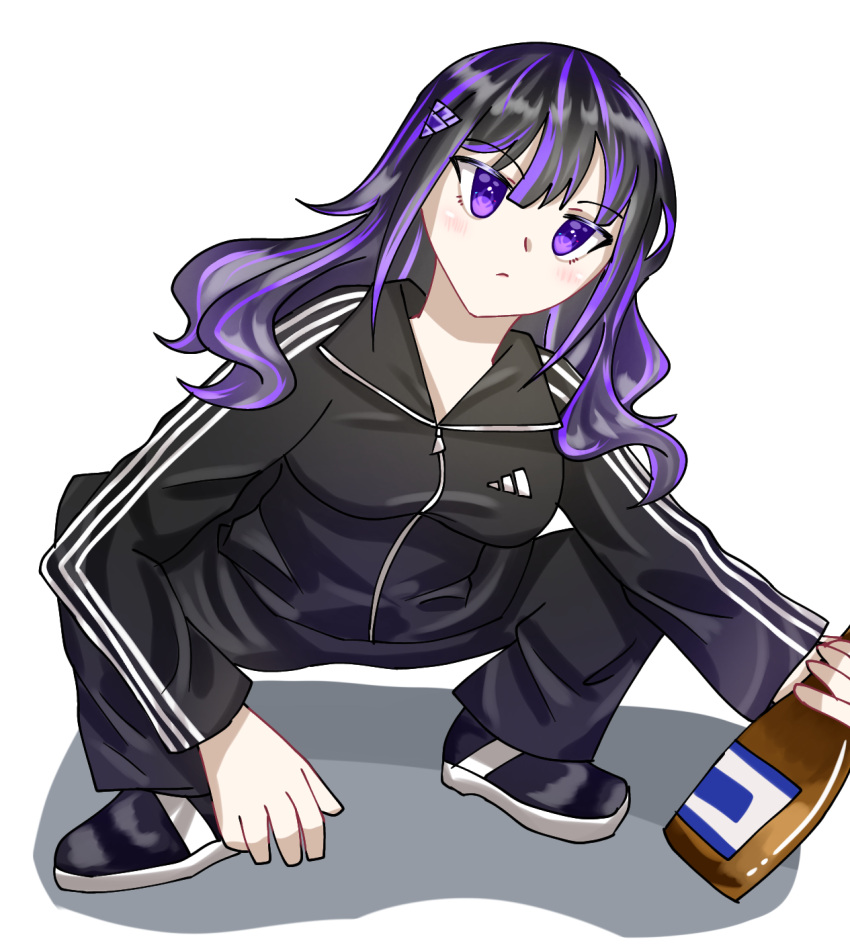 black_hair, bottle, gopnik, highres, looking_up, original, russia, serious, sitting, track_suit, violet_eyes, wavy_hair, windbreaker, wine_bottle, yancy_shirosagi