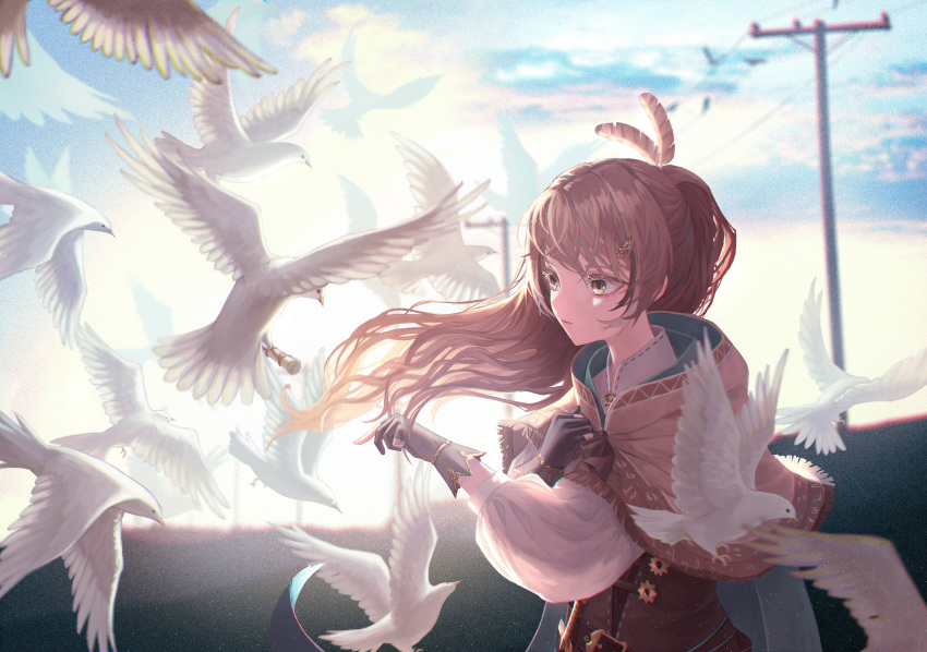 1girl, absurdres, backlighting, bangs, belt_buckle, bird, blu, brown_cloak