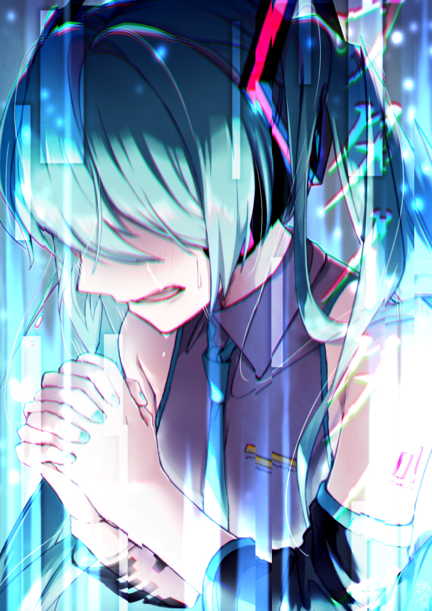 1girl, aqua_hair, aqua_nails, aqua_neckwear, bare_shoulders, black_sleeves, chromatic_aberration, commentary