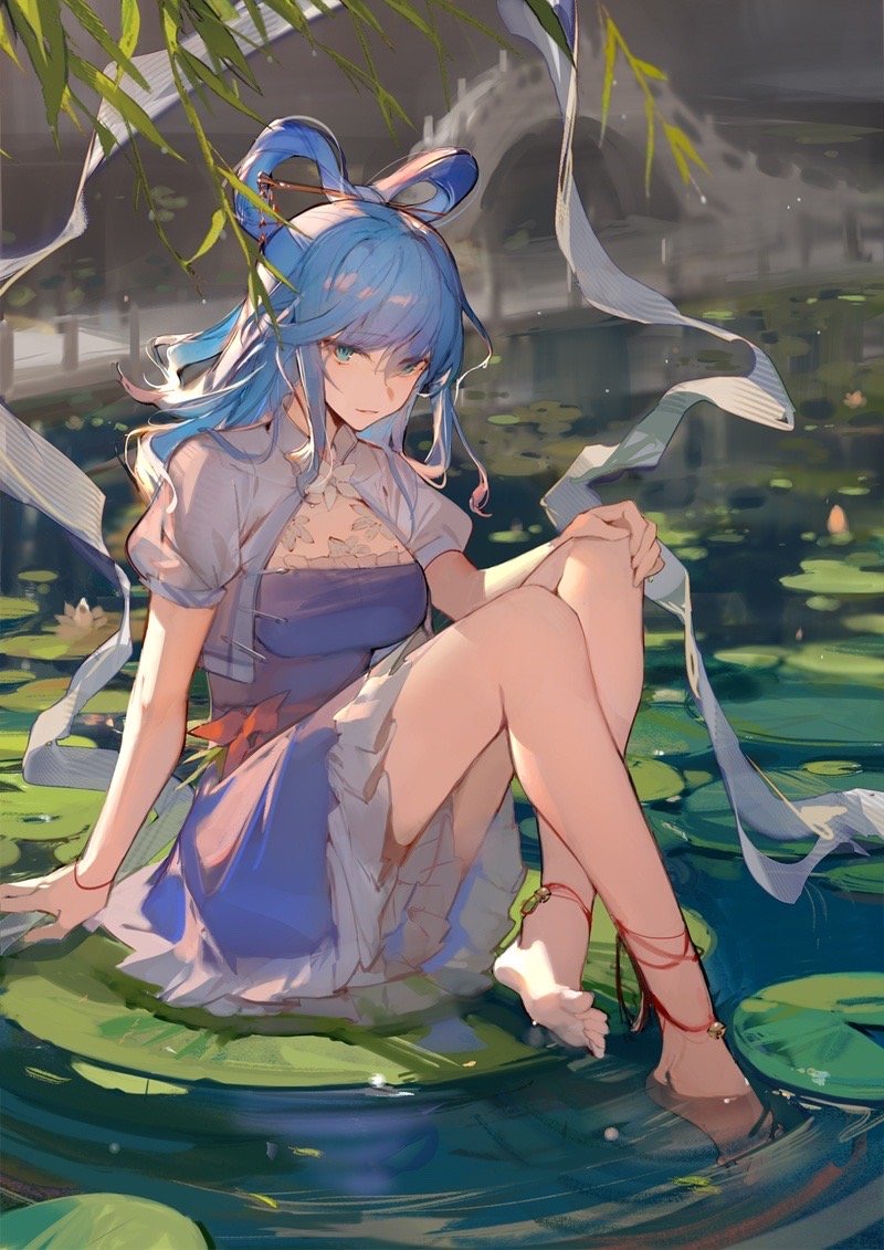 1girl, bangs, bare_legs, barefoot, blue_eyes, blue_hair, breasts, bridge