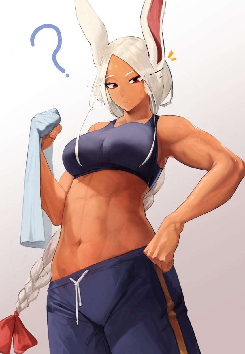 1girl, ?, abs, absurdres, alternate_hairstyle, animal_ears, bangs, blue_shorts, blue_tank_top, boku_no_hero_academia, braid, braided_ponytail, breasts, dark-skinned_female, dark_skin, doroti., hand_on_hip, highres, holding, holding_towel, large_breasts, long_eyelashes, long_hair, looking_at_viewer, midriff, mirko, navel, parted_bangs, parted_lips, rabbit_ears, rabbit_girl, red_eyes, shorts, solo, sports_bra, sweat, tank_top, toned, towel, white_hair