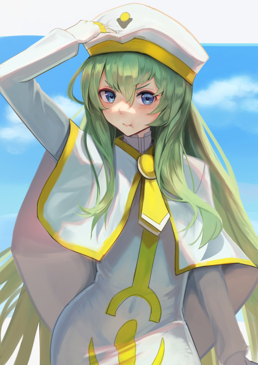 1girl, absurdres, alice_carroll, aria, arm_up, bangs, blouse, blue_eyes