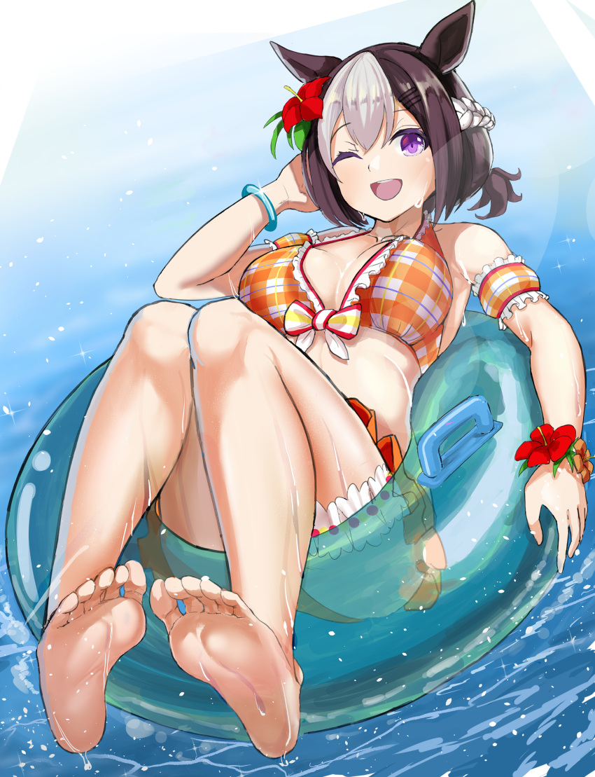 1girl, absurdres, animal_ears, bare_legs, barefoot, bikini, bikini_bottom, bikini_top